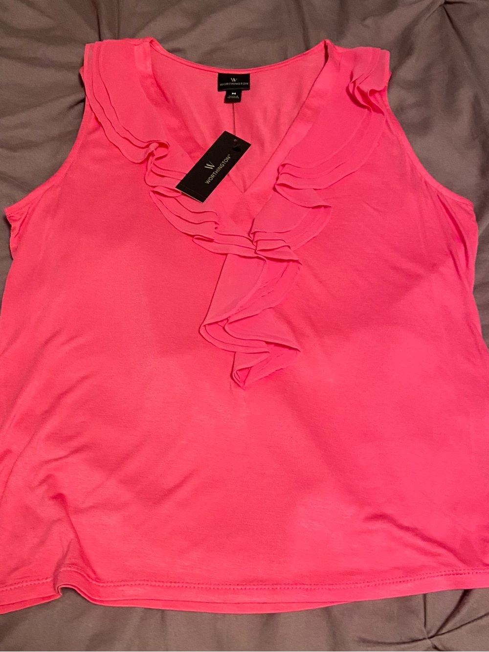 Worthington Bright Pink Ruffle V-Neck Sleeveless Top